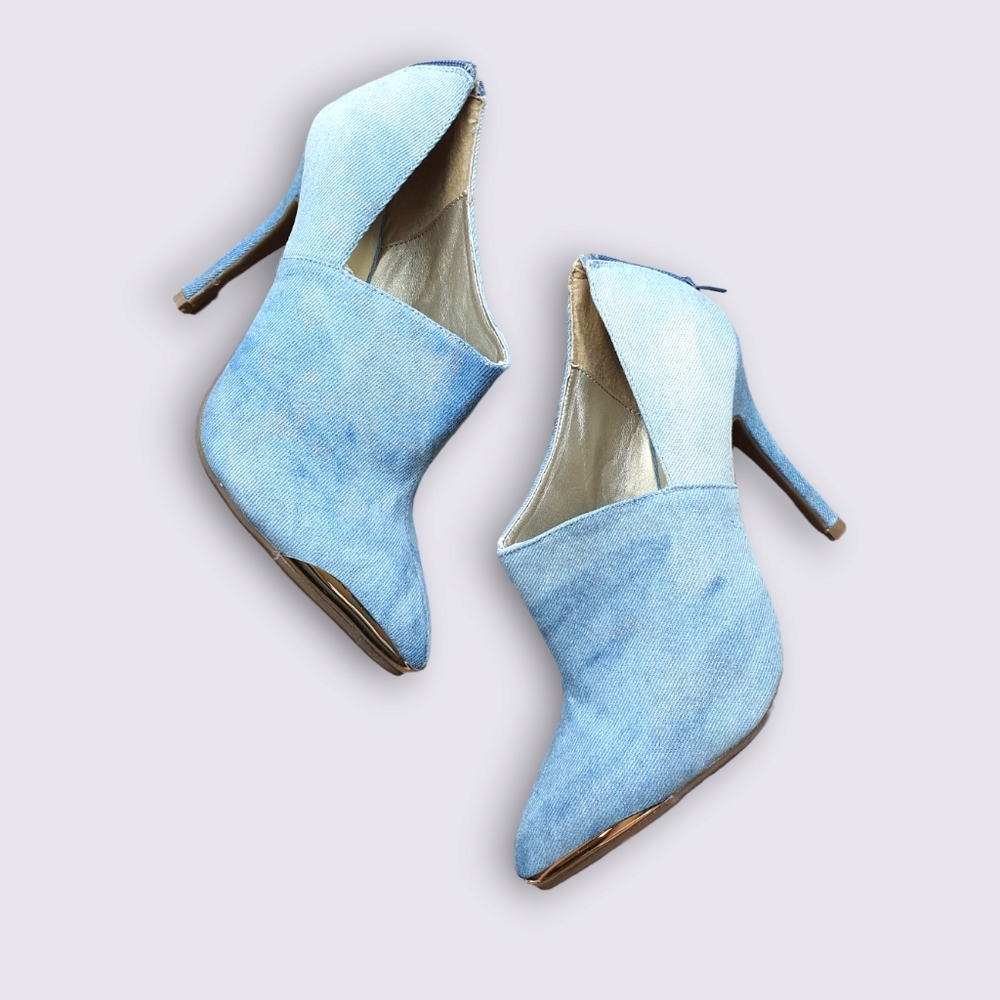 Denim Ankle Booties with Gold Toe Cap | Size 8